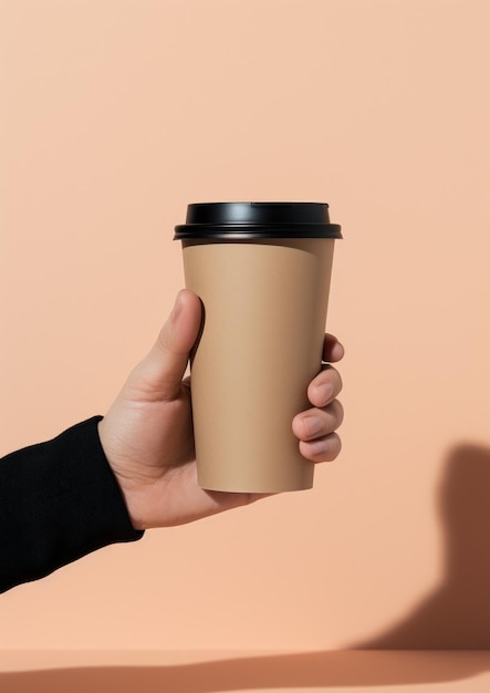 Mano femenina sosteniendo una taza de papel de café en un fondo beige IA generativa