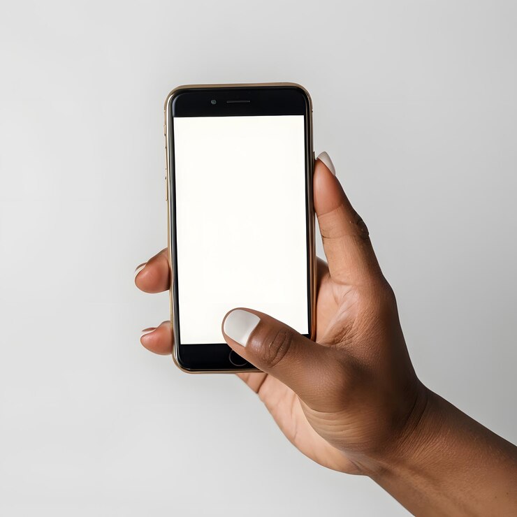 Mano femenina sosteniendo un teléfono inteligente con una pantalla blanca sobre un fondo blanco