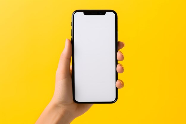 Foto mano femenina sosteniendo un teléfono inteligente con pantalla en blanco en una maqueta de fondo amarillo