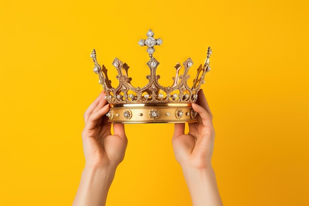 La mano femenina sostiene una corona de oro sobre un fondo amarillo brillante IA generativa