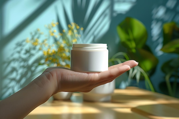una mano femenina sostiene un frasco de cosméticos con crema aplicada El concepto de loción de crema para manos