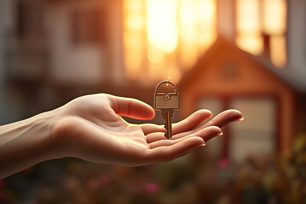 La mano femenina sostiene la llave de la casa agente de bienes raíces concepto de propiedad de alquiler de inversión hipotecaria