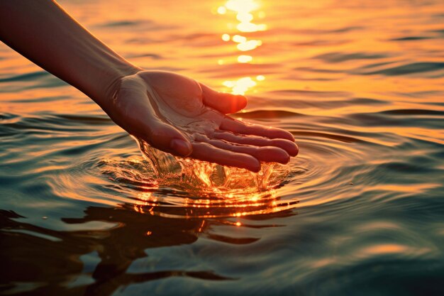 Foto una mano femenina tocando el agua del océano frente a una hermosa puesta de sol durante el verano