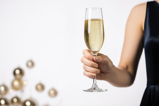 mano festiva de mujer con copas de champán sobre fondo claro con bokeh