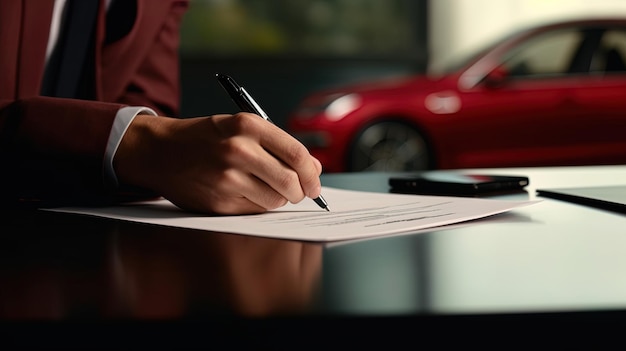 Foto una mano firmando un contrato de arrendamiento de un auto nuevo