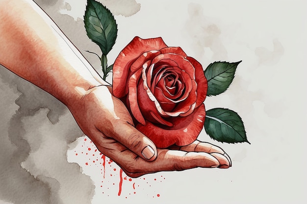 Mano con una flor de rosa roja dibujo a mano con tinta y boceto de acuarela