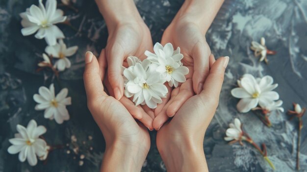 mano con flores blancas