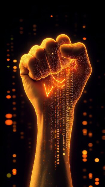 La mano formando un signo V en medio del código binario digital que fluye y las luces naranjas vibrantes