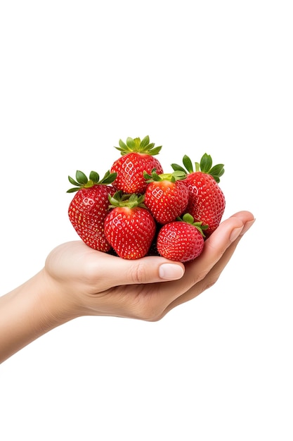 Mano con fresas frescas aisladas sobre un fondo blanco