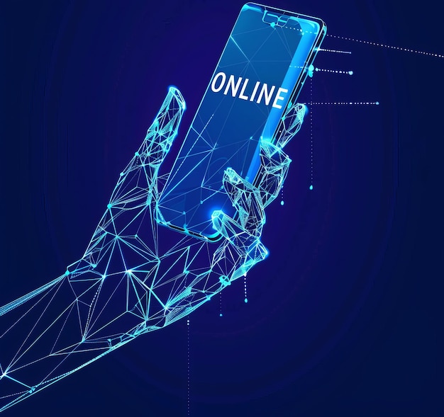Mano futurista digital sosteniendo un teléfono inteligente con texto en línea en la pantalla