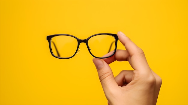 Foto mano con gafas negras sobre un fondo amarillo