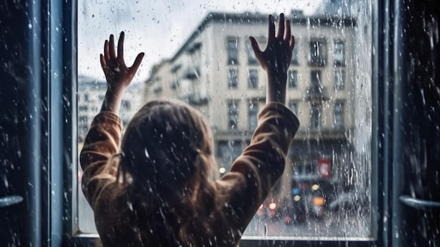 Mano generativa de IA de una joven melancólica y triste en la ventana bajo la lluvia