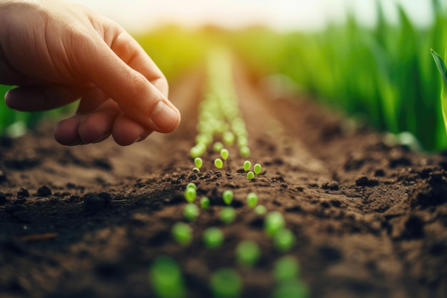 Foto mano del granjero plantando semillas en el suelo en hileras ia generativa