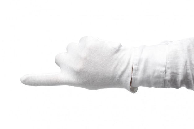 La mano en un guante blanco aislado sobre un fondo blanco.