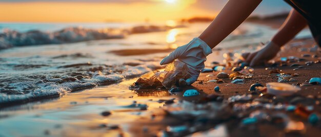 Una mano con un guante blanco está recogiendo una bolsa de plástico de la playa El sol se está poniendo