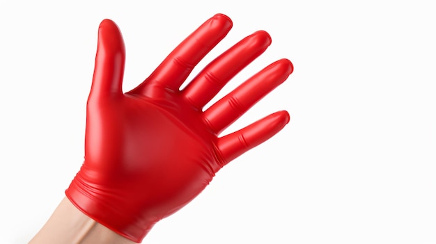 Foto mano en guante de goma rojo aislado sobre fondo blanco.