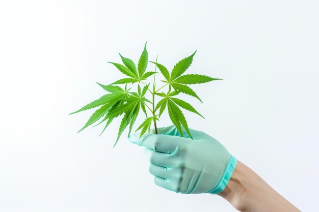 Mano con guantes médicos sosteniendo una planta de cannabis sobre un fondo blanco