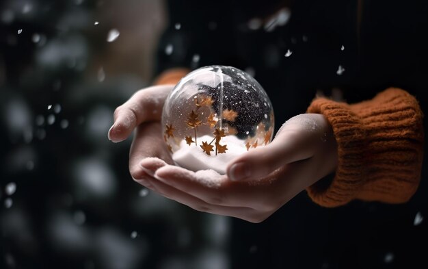 Foto mano con guantes sosteniendo un adorno navideño ia ia generativa