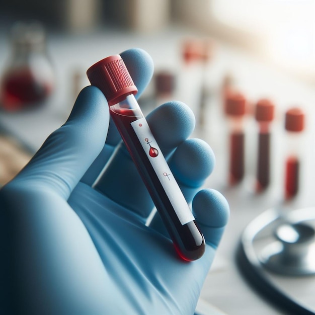 Mano con guantes sosteniendo un frasco de sangre para análisis de laboratorio