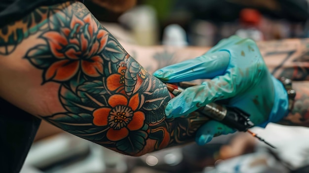 Foto una mano con guantes sostiene una máquina de tatuaje y aplica tinta al brazo de una persona. el brazo ya está cubierto de coloridos tatuajes de flores y hojas.