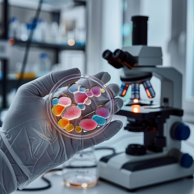 Foto una mano con guantes sostiene una placa de petri llena de muestras líquidas de colores frente a un microscopio en un entorno de laboratorio