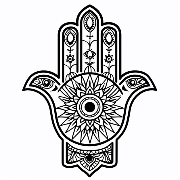 una mano de hamsa negra y blanca con un diseño de flor generativo ai