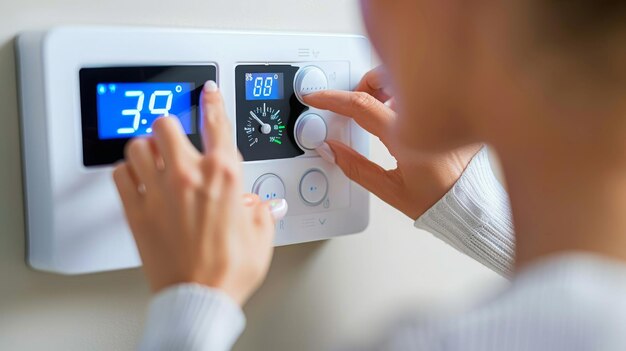 La mano de la hembra seleccionando la temperatura en un termostato moderno de primer plano