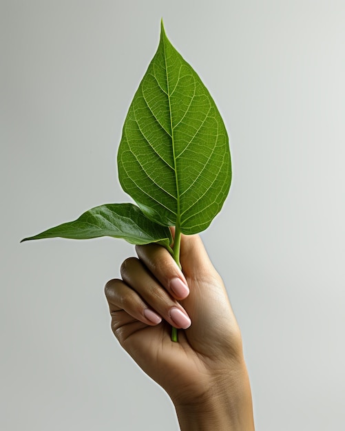 Foto la mano de la hembra sosteniendo hojas verdes aisladas en un fondo gris