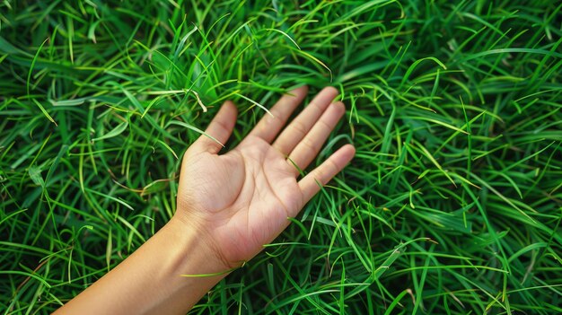 La mano en la hierba verde y exuberante