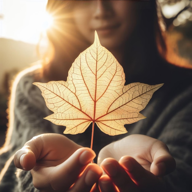 la mano con las hojas de otoño