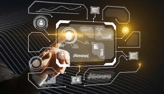 Mano de hombre apuntando a una interfaz de seguridad de huellas dactilares brillantes en fondo oscuro Protección web futuro y concepto de seguridad Doble exposición