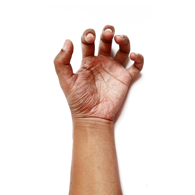 Foto mano de hombre asiático con piel marrón en pose gesticulante