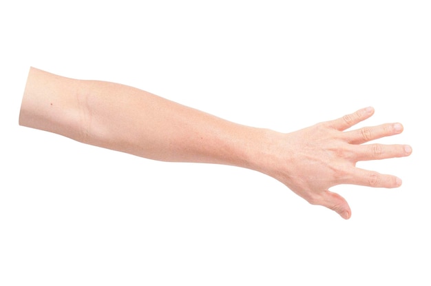 La mano de un hombre atrapa o lanza algo con los dedos bien abiertos, la mano aislada sobre un fondo blanco con una trayectoria de recorte