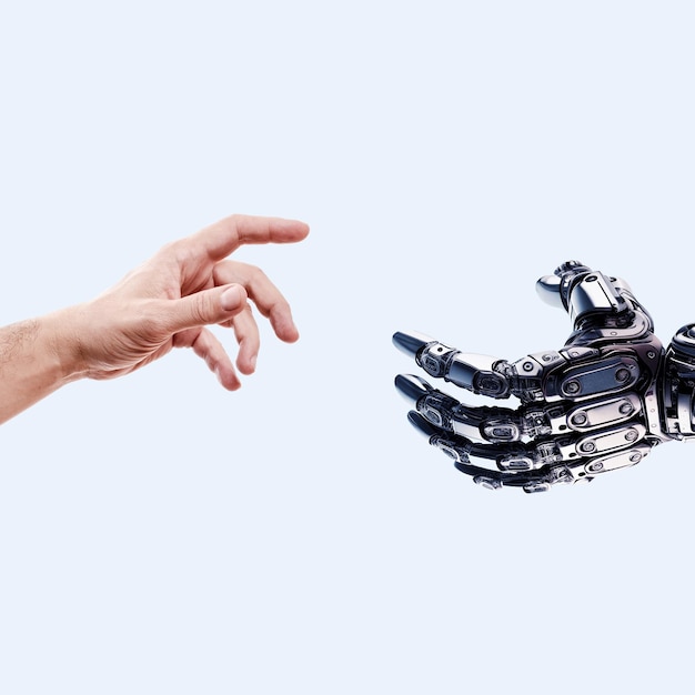 La mano del hombre busca una mano robótica sobre un fondo claro El robot Android ayuda a un concepto de tecnología humana