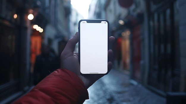 La mano de un hombre desenfocada te muestra una pantalla de teléfono en blanco en la calle IA generativa