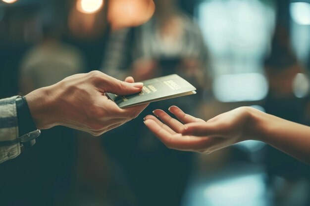 Foto la mano de un hombre entrega una tarjeta a la mano de una mujer.