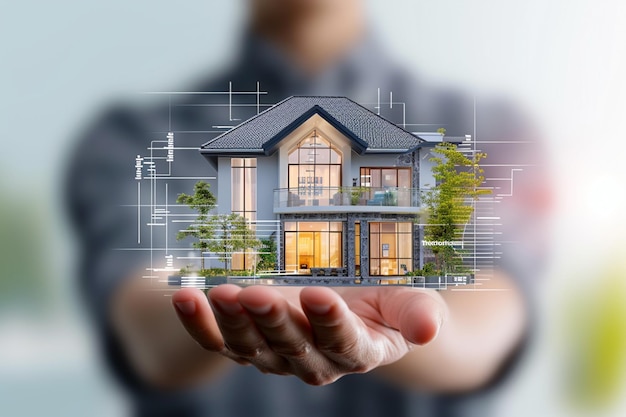 en la mano del hombre es una maqueta virtual de una casa el concepto de invertir en bienes raíces una hipoteca en una casa la compra y construcción de vivienda un préstamo hipotecario