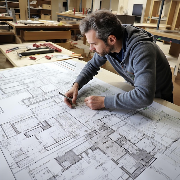 La mano de un hombre está mirando un dibujo de un edificio con una ciudad en el fondo