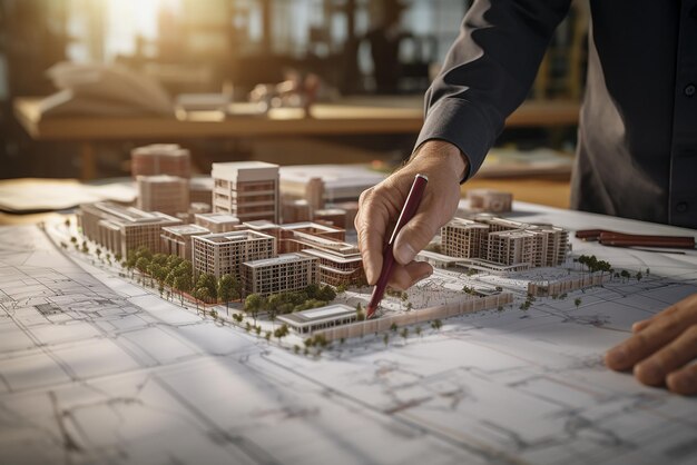 La mano de un hombre está mirando un dibujo de un edificio con una ciudad en el fondo