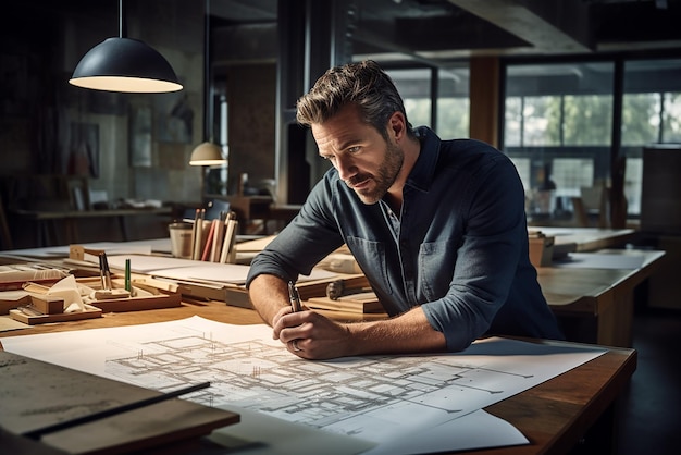 La mano de un hombre está mirando un dibujo de un edificio con una ciudad en el fondo