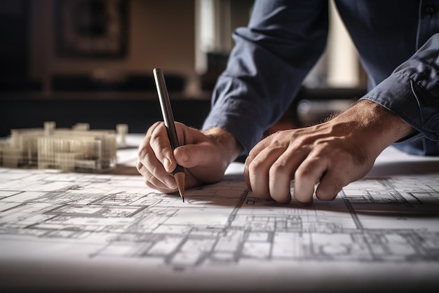 La mano de un hombre está mirando un dibujo de un edificio con una ciudad en el fondo