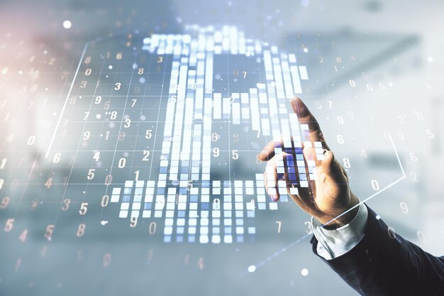 La mano del hombre hace clic en el boceto virtual de Bitcoin en el fondo borroso de la oficina Doble exposición