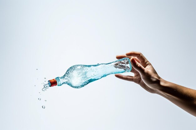 Mano del hombre lanzando una botella flotante sobre fondo blanco.