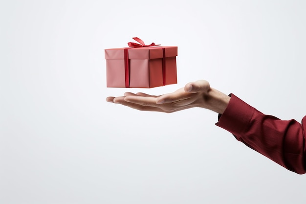 Mano del hombre lanzando una caja de regalo flotante sobre fondo blanco.