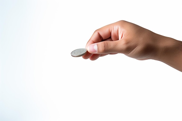 Foto mano del hombre lanzando una moneda flotante sobre fondo blanco.