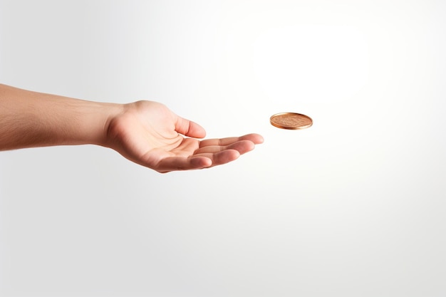 Mano del hombre lanzando una moneda flotante sobre fondo blanco.