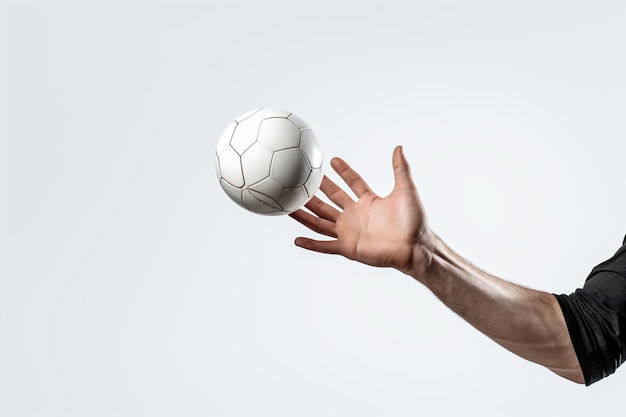 Mano del hombre lanzando una pelota de fútbol flotante sobre fondo blanco.