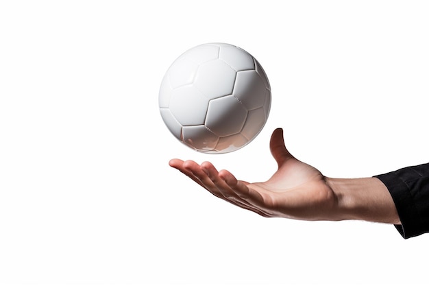 Mano del hombre lanzando una pelota de fútbol flotante sobre fondo blanco.