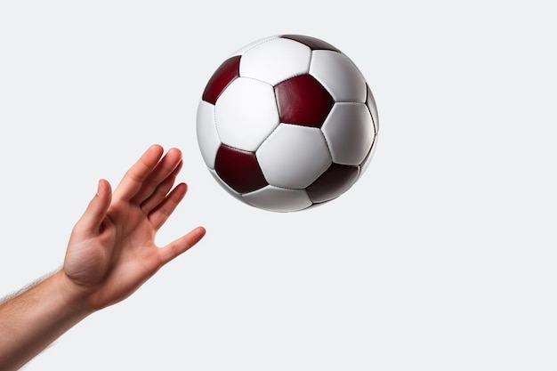 Mano del hombre lanzando una pelota de fútbol flotante sobre fondo blanco.