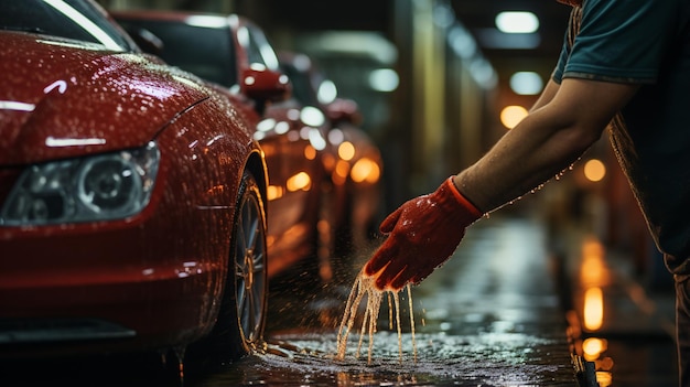 La mano de un hombre lavando un coche en un garaje